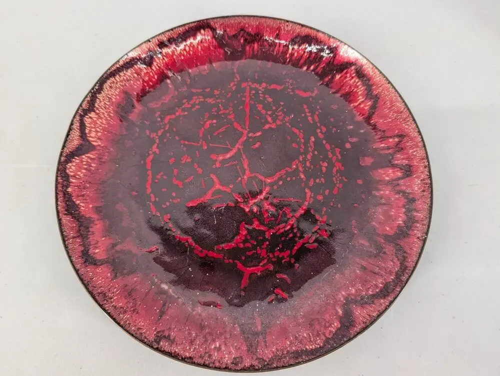 Vintage Enamel Copper Plate Dish Red Abstract Mid Century Modern Art Decor